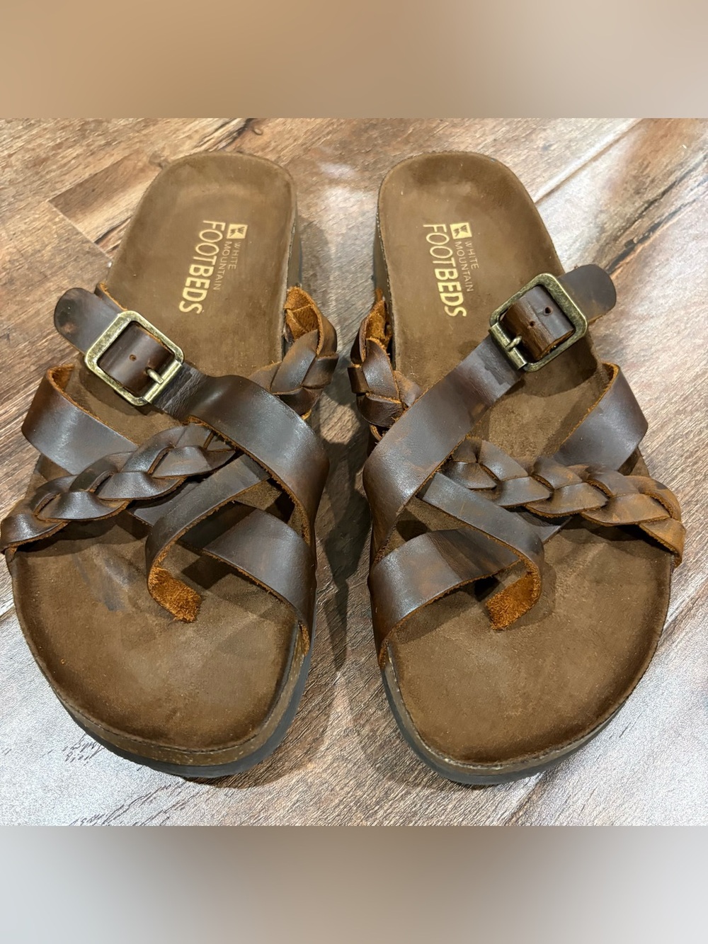 White Mountain Footbeds Leather Braided Slide Sandals Brown Womens 7M Boho
